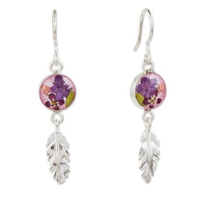 Alternate image for Sterling Silver and Dried Flower Dangle Earrings from Mexico Anahuac Violet