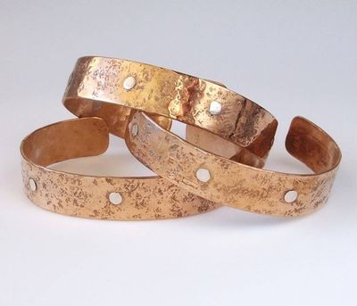 Alternate image for Handmade Bronze Bracelets with Stone Texture and Five Sterling Silver Rivets Br181