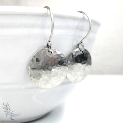 Alternate image for Hand Hammered Silver Disc Dangle Earrings · Small · Minimalist Boho Jewelry