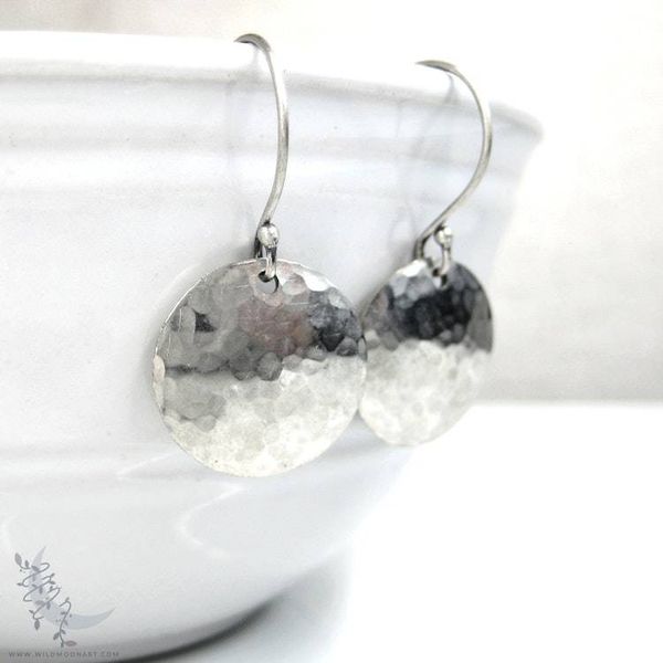 Alternate image for Hand Hammered Silver Disc Dangle Earrings · Small · Minimalist Boho Jewelry