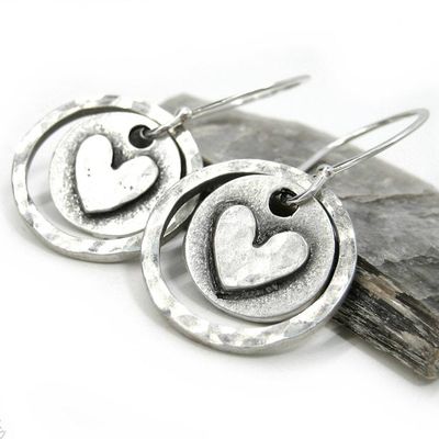 Primary image for Silver Heart Earrings · Hand Hammered Sterling Silver Dangle Earrings · Rustic Boho Minimalist Love Valentine Jewelry