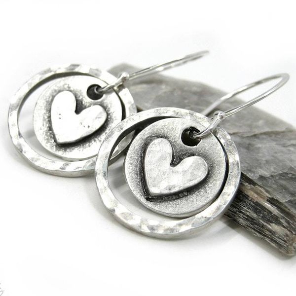 Alternate image for Silver Heart Earrings · Hand Hammered Sterling Silver Dangle Earrings · Rustic Boho Minimalist Love Valentine Jewelry