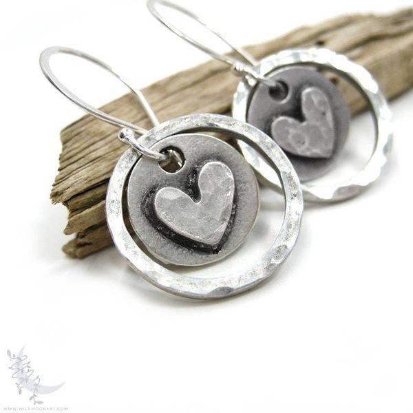 Alternate image for Silver Heart Earrings · Hand Hammered Sterling Silver Dangle Earrings · Rustic Boho Minimalist Love Valentine Jewelry