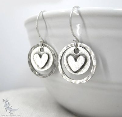 Alternate image for Silver Heart Earrings · Hand Hammered Sterling Silver Dangle Earrings · Rustic Boho Minimalist Love Valentine Jewelry