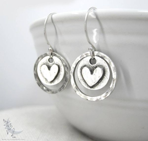 Alternate image for Silver Heart Earrings · Hand Hammered Sterling Silver Dangle Earrings · Rustic Boho Minimalist Love Valentine Jewelry