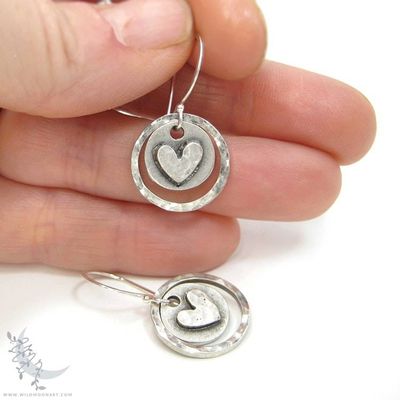 Alternate image for Silver Heart Earrings · Hand Hammered Sterling Silver Dangle Earrings · Rustic Boho Minimalist Love Valentine Jewelry