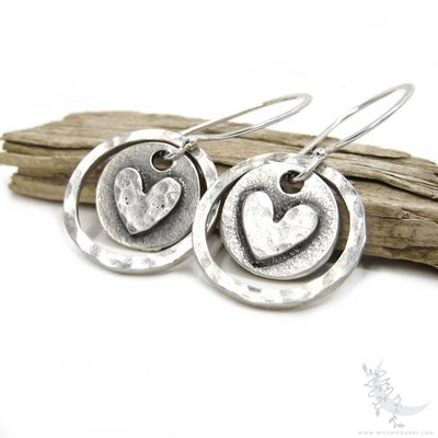 Alternate image for Silver Heart Earrings · Hand Hammered Sterling Silver Dangle Earrings · Rustic Boho Minimalist Love Valentine Jewelry