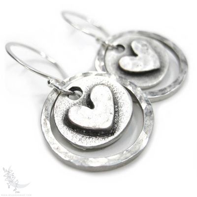 Alternate image for Silver Heart Earrings · Hand Hammered Sterling Silver Dangle Earrings · Rustic Boho Minimalist Love Valentine Jewelry