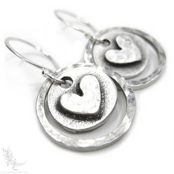 Alternate image for Silver Heart Earrings · Hand Hammered Sterling Silver Dangle Earrings · Rustic Boho Minimalist Love Valentine Jewelry