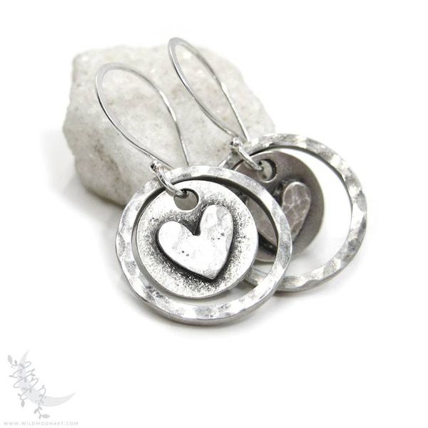Alternate image for Silver Heart Earrings · Hand Hammered Sterling Silver Dangle Earrings · Rustic Boho Minimalist Love Valentine Jewelry