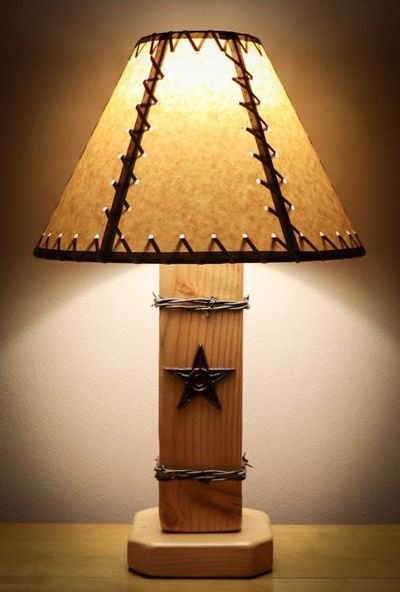 Alternate image for Rustic Texas Star Barbed Wire Lamp – Handmade– With Stitched Parchment Shade