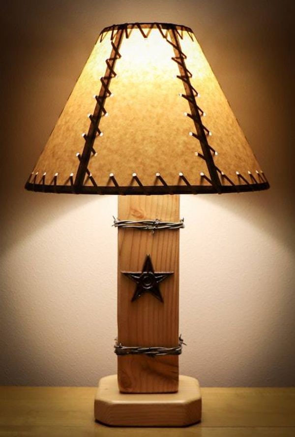 Image for Rustic Texas Star Barbed Wire Lamp – Handmade– With Stitched Parchment Shade