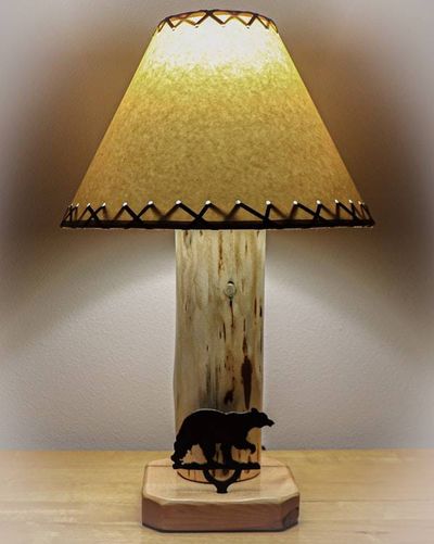 Alternate image for Bear Mountain Log Lamp – Handmade in Idaho - Metal Bear Accent & Parchment Shade