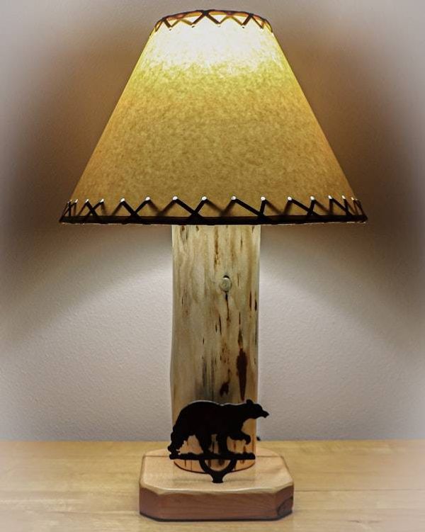 Alternate image for Bear Mountain Log Lamp – Handmade in Idaho - Metal Bear Accent & Parchment Shade