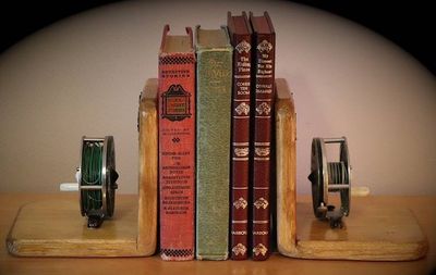 Alternate image for Rustic Fly Fishing Bookends – Handmade in Idaho with Reels & Bass Accent