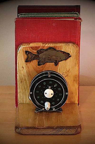 Alternate image for Rustic Fly Fishing Bookends – Handmade in Idaho with Reels & Bass Accent