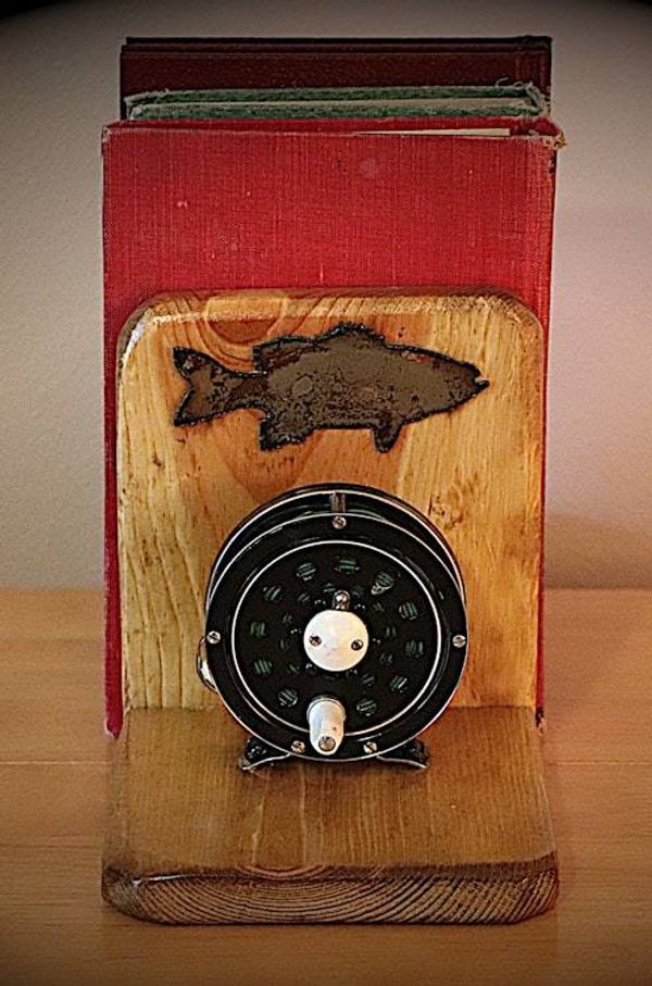 Alternate image for Rustic Fly Fishing Bookends – Handmade in Idaho with Reels & Bass Accent