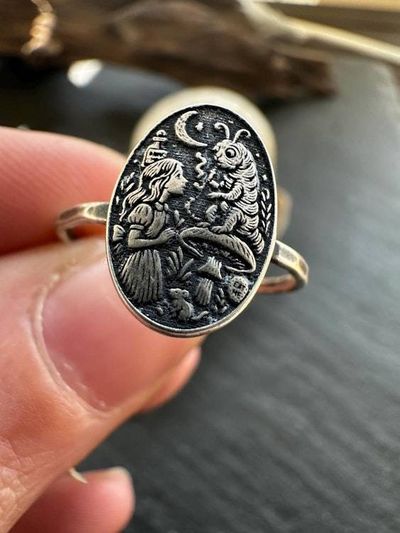 Alternate image for Sterling Silver Alice in Wonderland Ring, Storybook Jewelry with Caterpillar Scene, Handmade Fantasy Ring, Literary Folklore Jewelry