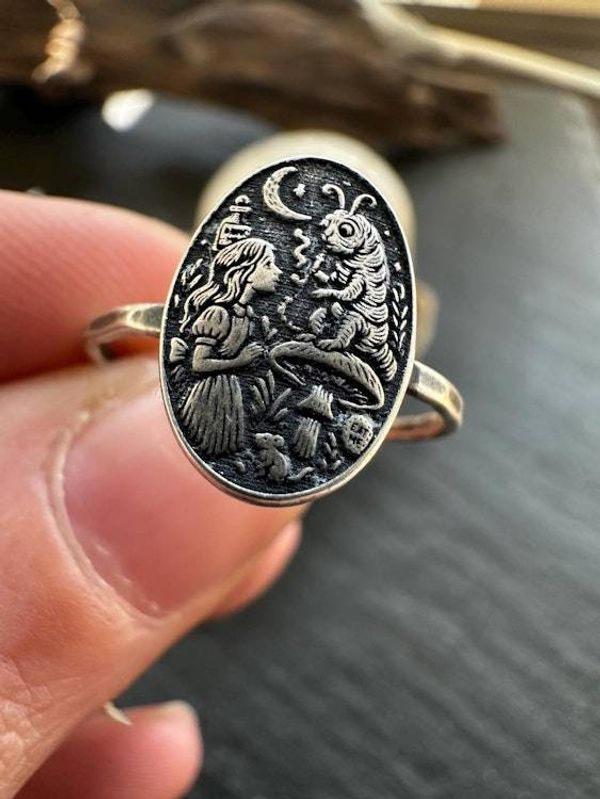 Alternate image for Sterling Silver Alice in Wonderland Ring, Storybook Jewelry with Caterpillar Scene, Handmade Fantasy Ring, Literary Folklore Jewelry