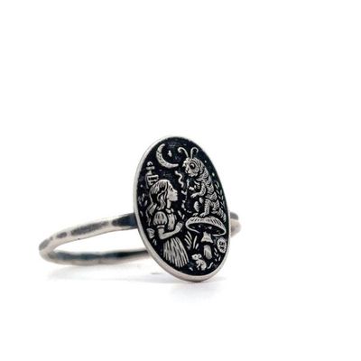 Alternate image for Sterling Silver Alice in Wonderland Ring, Storybook Jewelry with Caterpillar Scene, Handmade Fantasy Ring, Literary Folklore Jewelry
