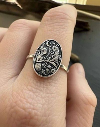 Alternate image for Sterling Silver Alice in Wonderland Ring, Storybook Jewelry with Caterpillar Scene, Handmade Fantasy Ring, Literary Folklore Jewelry