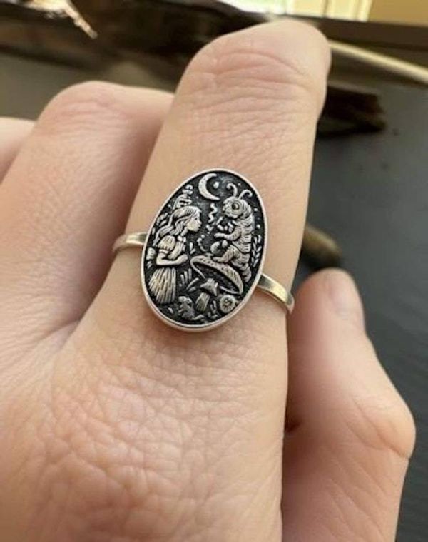 Alternate image for Sterling Silver Alice in Wonderland Ring, Storybook Jewelry with Caterpillar Scene, Handmade Fantasy Ring, Literary Folklore Jewelry