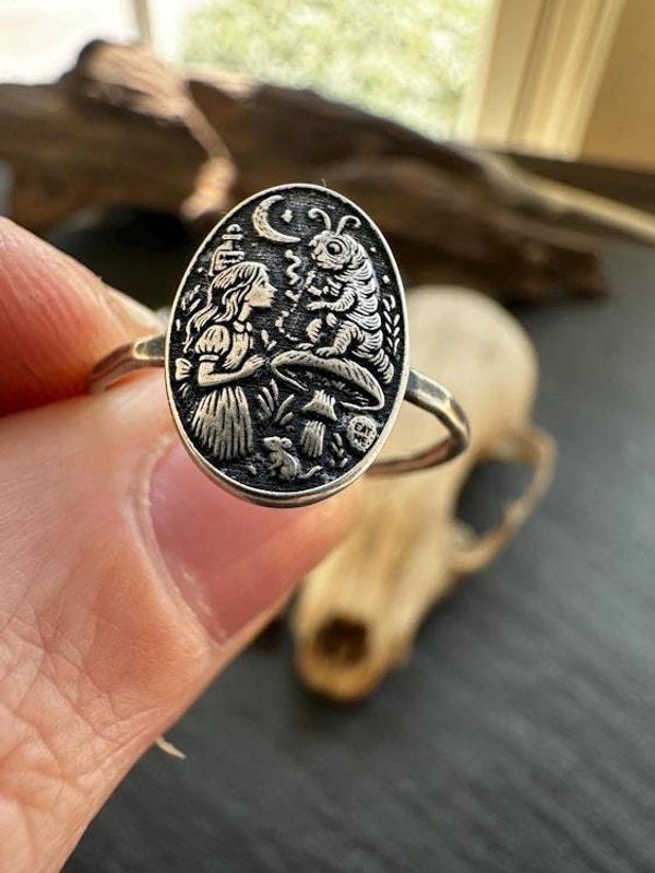 Alternate image for Sterling Silver Alice in Wonderland Ring, Storybook Jewelry with Caterpillar Scene, Handmade Fantasy Ring, Literary Folklore Jewelry