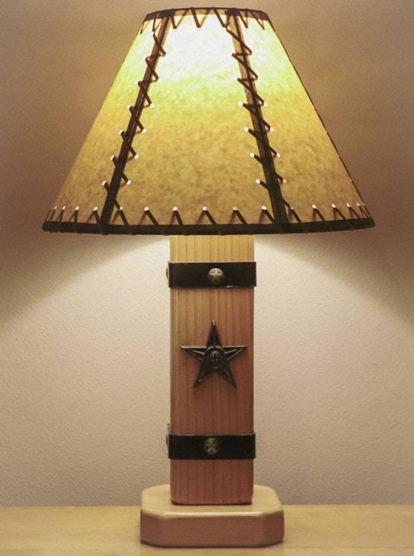 Image for Western Cabin Lamp – Leather Straps & Texas Star Accents and 14 Stitch Shade– Made in Idaho, USA