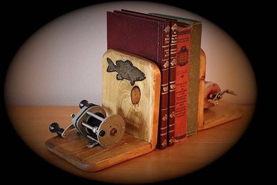 Primary image for Rustic Fishing Bookends – Handmade in Idaho with Baitcasting Reel & Bass Accent