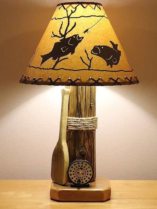 Image for Clearwater River Lamp – w/Fly Fishing Reel, Carved Oar and 14 Fish In The Water Parchment Shade