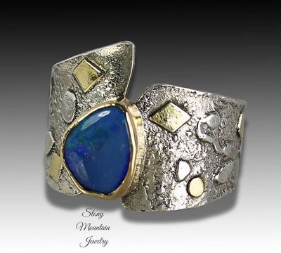 Alternate image for Australian Opal Ring, Modern Mixed Metal Opal Cocktail Ring, Contemporary Jewelry, Elegant Large One of a Kind Designer Ring, Wide Opal Ring