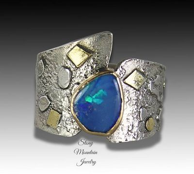 Alternate image for Australian Opal Ring, Modern Mixed Metal Opal Cocktail Ring, Contemporary Jewelry, Elegant Large One of a Kind Designer Ring, Wide Opal Ring