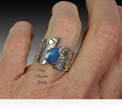 Alternate image for Australian Opal Ring, Modern Mixed Metal Opal Cocktail Ring, Contemporary Jewelry, Elegant Large One of a Kind Designer Ring, Wide Opal Ring