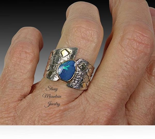 Alternate image for Australian Opal Ring, Modern Mixed Metal Opal Cocktail Ring, Contemporary Jewelry, Elegant Large One of a Kind Designer Ring, Wide Opal Ring
