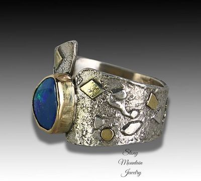 Alternate image for Australian Opal Ring, Modern Mixed Metal Opal Cocktail Ring, Contemporary Jewelry, Elegant Large One of a Kind Designer Ring, Wide Opal Ring