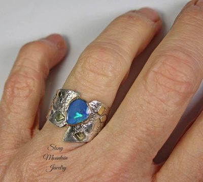 Alternate image for Australian Opal Ring, Modern Mixed Metal Opal Cocktail Ring, Contemporary Jewelry, Elegant Large One of a Kind Designer Ring, Wide Opal Ring