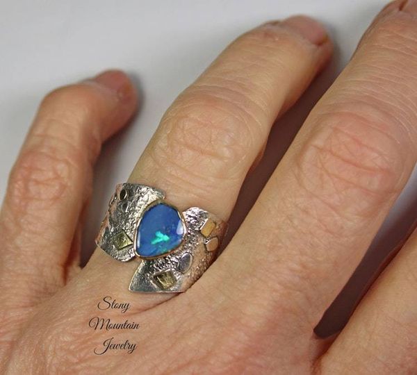 Alternate image for Australian Opal Ring, Modern Mixed Metal Opal Cocktail Ring, Contemporary Jewelry, Elegant Large One of a Kind Designer Ring, Wide Opal Ring