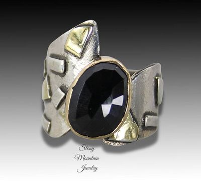Alternate image for Unique Rose Cut Black Spinel Ring, One of a Kind Modern Designer Ring, Contemporary Jewelry, Large Mixed Metal Cocktail Ring