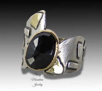 Alternate image for Unique Rose Cut Black Spinel Ring, One of a Kind Modern Designer Ring, Contemporary Jewelry, Large Mixed Metal Cocktail Ring