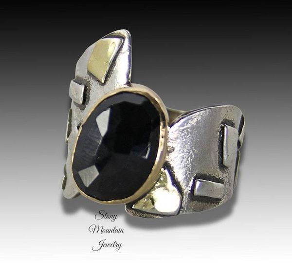 Alternate image for Unique Rose Cut Black Spinel Ring, One of a Kind Modern Designer Ring, Contemporary Jewelry, Large Mixed Metal Cocktail Ring