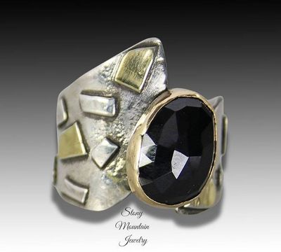 Alternate image for Unique Rose Cut Black Spinel Ring, One of a Kind Modern Designer Ring, Contemporary Jewelry, Large Mixed Metal Cocktail Ring