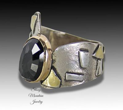 Alternate image for Unique Rose Cut Black Spinel Ring, One of a Kind Modern Designer Ring, Contemporary Jewelry, Large Mixed Metal Cocktail Ring