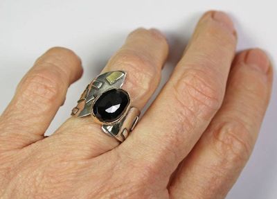 Alternate image for Unique Rose Cut Black Spinel Ring, One of a Kind Modern Designer Ring, Contemporary Jewelry, Large Mixed Metal Cocktail Ring