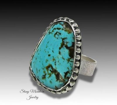 Alternate image for Kingman Turquoise Ring, Large Handmade Modern Sterling Silver Wide Band Turquoise Statement Ring Size 7
