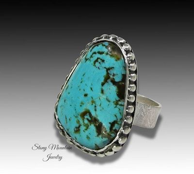 Alternate image for Kingman Turquoise Ring, Large Handmade Modern Sterling Silver Wide Band Turquoise Statement Ring Size 7
