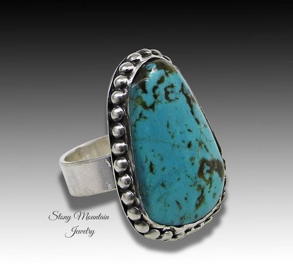 Alternate image for Kingman Turquoise Ring, Large Handmade Modern Sterling Silver Wide Band Turquoise Statement Ring Size 7