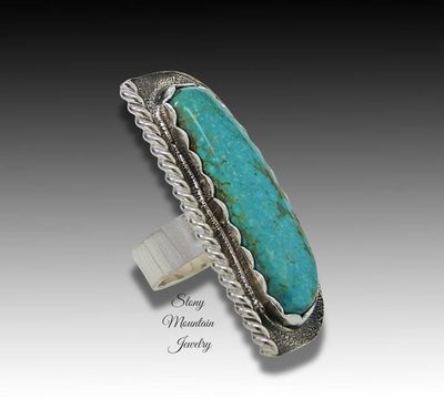 Alternate image for Large Turquoise Ring, Handmade Modern Sonoran Turquoise Ring, Sterling Silver Wide Band Statement Ring Size 7