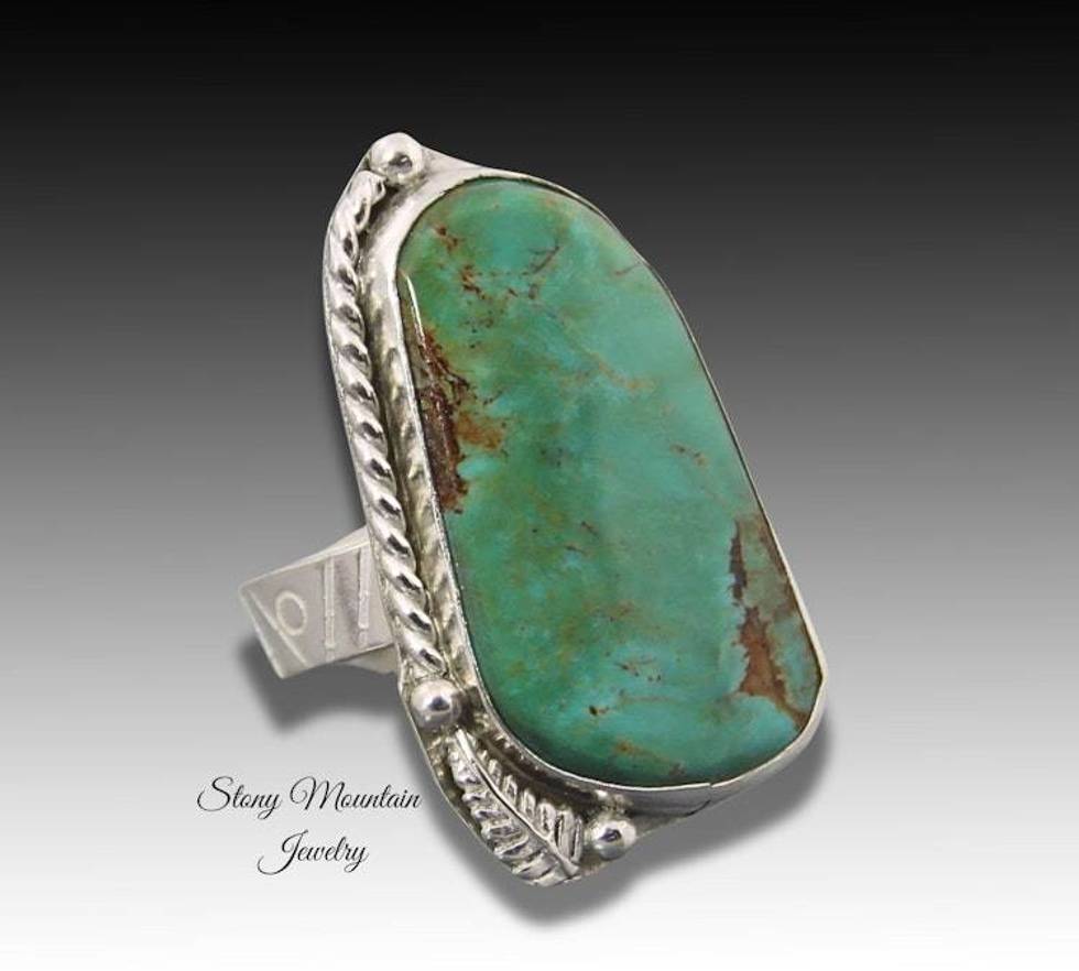 Kingman Turquoise Ring, Artistic Handmade Large Turquoise Ring, Modern Sterling Silver Wide Band Turquoise Cocktail Ring Size 7.5