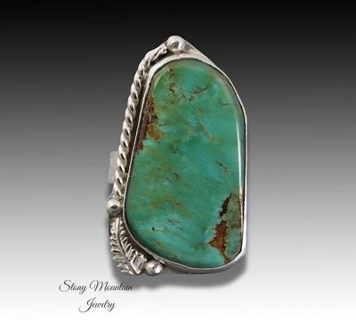 Alternate image for Kingman Turquoise Ring, Artistic Handmade Large Turquoise Ring, Modern Sterling Silver Wide Band Turquoise Cocktail Ring Size 7.5