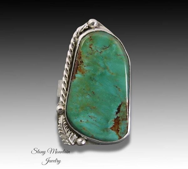 Alternate image for Kingman Turquoise Ring, Artistic Handmade Large Turquoise Ring, Modern Sterling Silver Wide Band Turquoise Cocktail Ring Size 7.5